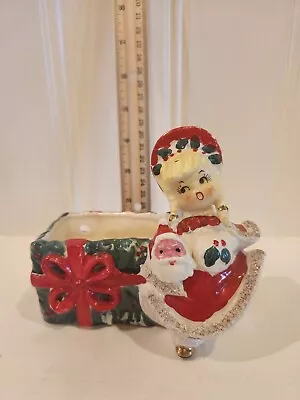 Vintage Lefton Ceramic Christmas Girl With Santa Head Planter • $50