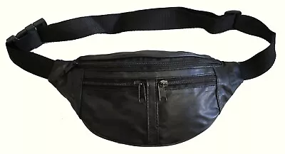 Small 4 Zipper Pocket Soft Lamb Leather Fanny Pack 48  Long Waist Bum Bag -BLACK • $11.99