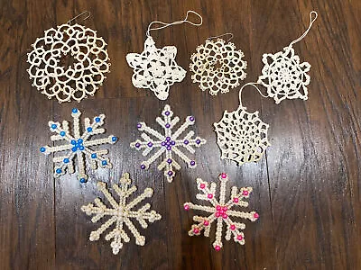 Vintage Christmas Crochet Snowflake Doily Ornaments Plastic Canvas Bead Lot Of 9 • $9.99