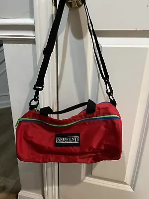 Vintage 90’s Lands End Weekend Duffle Bag Red Mini Size Nylon Zipper 13” X 6.5” • $14.99