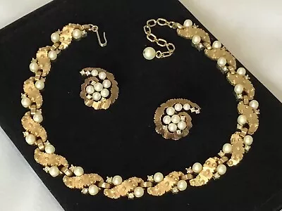 TRIFARI Necklace Earrings Pearl Rhinestone Ribbon Swirl LOT Vintage Gold Tone • $35