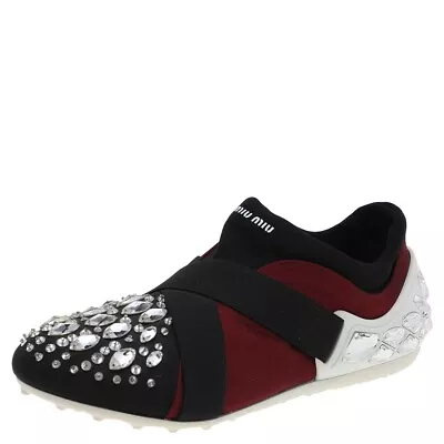 Miu Miu Black/Burgundy Satin Crystal Embellished Slip On Sneakers Size 35.5 • $121.80