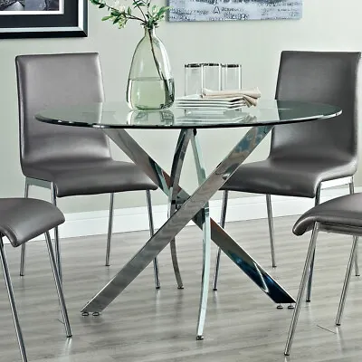 90CM Modern Clear Glass Round Dining Table Dinner Coffe Table Chrome X-Shape Leg • £109.95