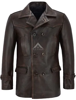 Mens Leather Long Jacket Pea Coat Vintage Marshal Combat World War 2 COAT DR-WHO • $188.73