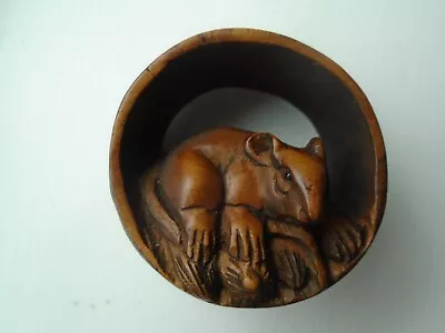 Quality Carved Wooden Netsuke Showing Rat In A Corn Barrel. Signed • £15.95