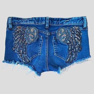 Y2K Parasuco Low Rise Denim Jean Shorts S Embroidered Sequin Wings Booty Shorts • $29.44