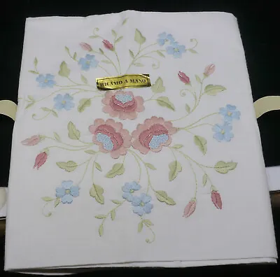 VINTAGE ITALIAN HAND EMBROIDED TABLECLOTH W BOUQUET UNUSED 75 By 42 INCHES • $36.99