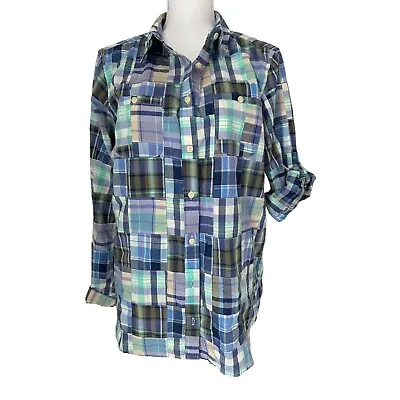 L.L. Bean Womens Size Large Blue Madras Patchwork Plaid Button Down Shirt • $20