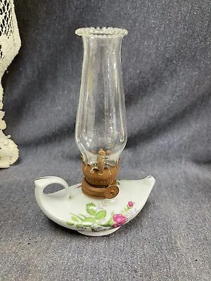 Vintage Oil Lamp Moss Rose Mini Genie Ceramic Porcelain Oil Kerosene Lamp • $9.99