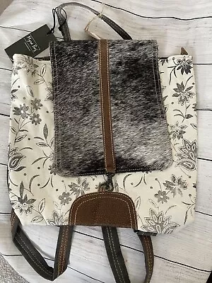 Myra Backpack Bag. Myra UpCycled Canvas Rug Hairon Leather Backpack Purse NWT • $77.09