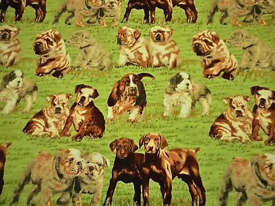 Cotton Fabric Short Yard Realistic Puppy Dog Breeds Pup On Green Grass Vtg • $9.49