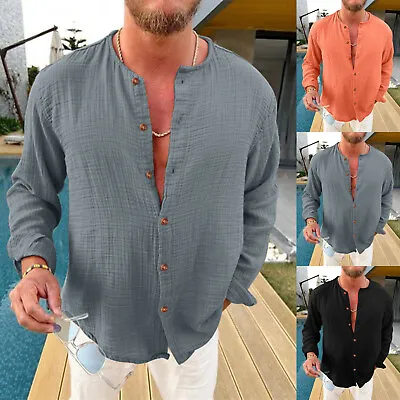Men Casual Solid Cotton Linen Shirt Collarless Long Sleeve Button Shirt Blouse • $22.92