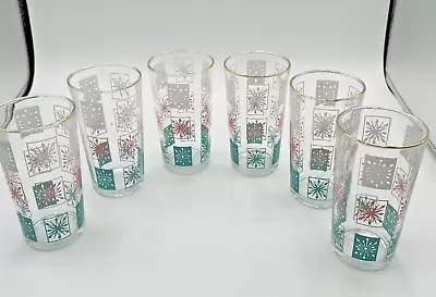 Vintage Atomic Snowflake Starburst 12 Oz Pink White Aqua Glasses Set Of 6 • $85