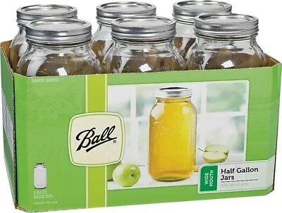 NEW Ball 68100 CASE OF (6)  1/2 GALLON Glass Wide Mouth Mason CANNING Jars • $33.95