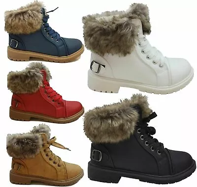 Ladies Winter Ankle Boots Womens Army Combat Flat Grip Sole Fur Lined Shoes Size • £19.99