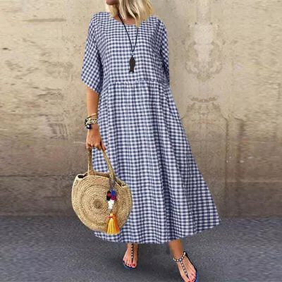 Women Short Sleeve Check Dress Long Maxi Casual Loose Plaid Shirt Dresses Kaftan • £9.77