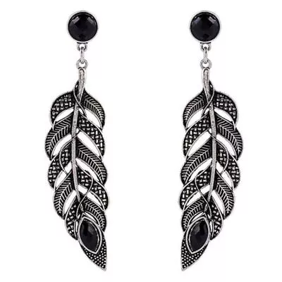 Earrings Woman Retro  Black Feather Shape Engraving Earrings Pendant7224 • $5.03