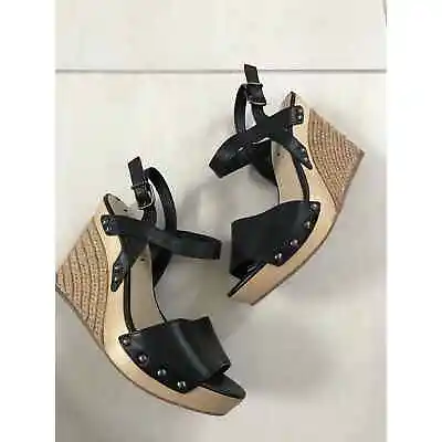 Via Spiga Wallis Women Sz 8.5M Sandals Heels Studded Wedge Platform Black FLAWS • $30