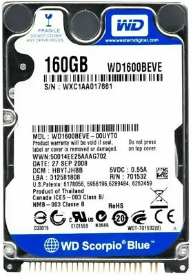 Hard Drive WD Blue Scorpio WD1600BEVE 160GB 5400U/Min 8MB Pata / Ata / Ide 2.5   • £86.03