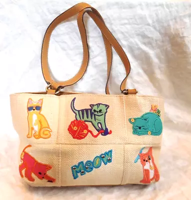 Vintage Rosetti Kitty Cat Double Handle Tote Bag Purse Brown Tan Faux Burlap EXC • $9