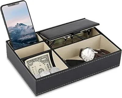 Mens Valet Tray Organizer Leather Storage Box W/ 5 Compartments For Keys Phones • $21.63