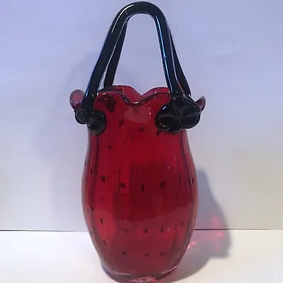 £31.92 • Buy Block Red Art Glass 12  Purse Black Handbag Vase