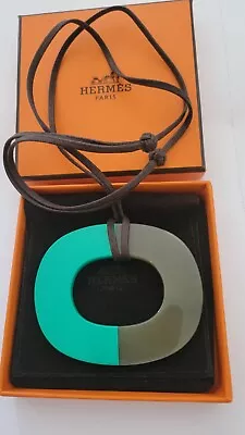 $399 • Buy Authentic Hermes Pendant Necklace Buffolo Horn Green Brown Adjustable Cord