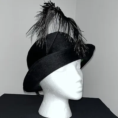 Vintage Mr. John Jr. Splendide Italian Black Wool Felt Hat Feather & Bow Detail • $14.99