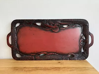 Large Antique Japanese / Chinese Carved Red Lacquer Wooden Dragon Tray • £48