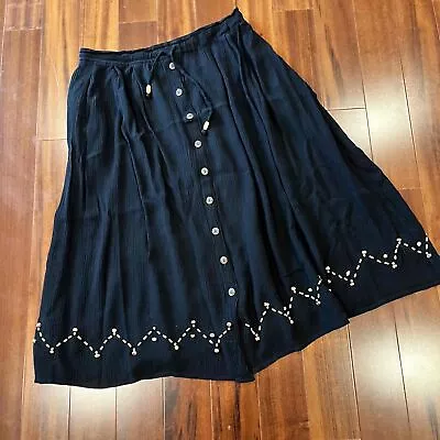 Vintage Liz Sport Black Skirt Beaded Textured Button Boho Midi Sz Petite Small • $24