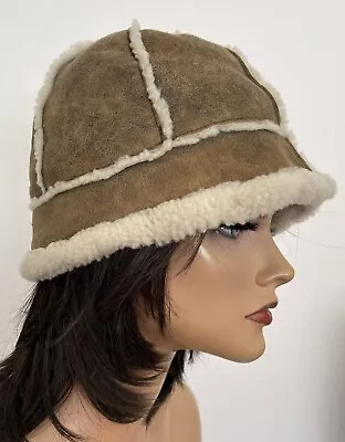 UGG Sheraling Sheep Skin Bucket Hat Leather Tan Designer Fashion Winter Fur Chic • $40.50