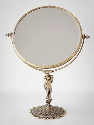 Antique French Country Style Vanity Mirror W/ Gold Gilded Metal Cupid Figurine • $45