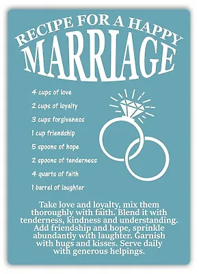 Metal Wall Sign - Recipe For A Happy Marriage Love Loyalty Forgiveness Kisses • £6.85