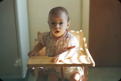 Baby Girl In Wooden High Chair Vintage 35mm Red Border Slide • $12