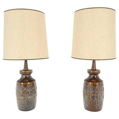 Pair Of Brown Grey Blue Glazed Pottery Ceramic Vase Shape Table Lamp MINT! • $2560