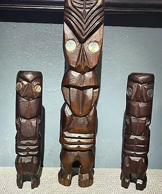 3 Vintage MAORI TEKOTEKO CARVED WOODEN TIKI ROTORUA NEW ZEALAND • $124