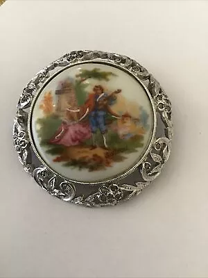 Vintage Round  Limoges Porcelain Couple With Silver Marcasite BJL Frame Brooch • £10