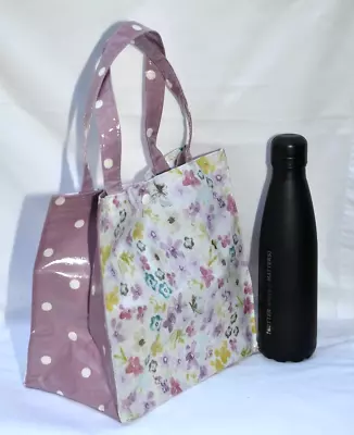 Handmade 100% Cotton Oilcloth Lunch Tote Bag+snap Fastener - Purple Spot/flowers • £7.95