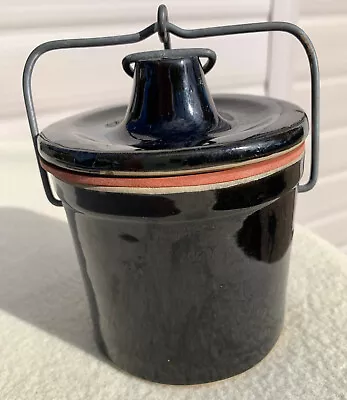 Antique Brown Glazed Stone Cheese & Butter Crock W/ Locking Wire Bail Lid 5  • $8