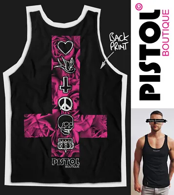 Pistol Boutique Men's Black ROSES LOGOS CROSS Back Print Vest Top Singlet Tank • £25.19