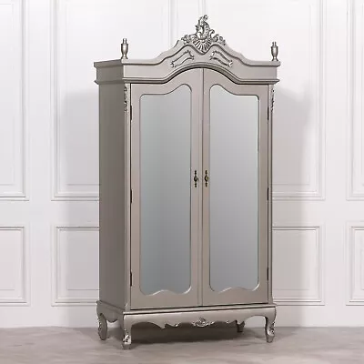 French Style Chateau Style Chic Antiqued Silver Mirrored Double Armoire Wardrobe • £800