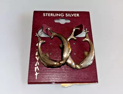 Vintage Savant Sterling Silver Double Dolphin Loop Pierced Earrings New • $20