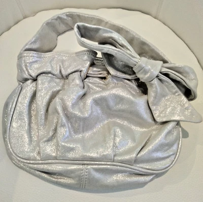 $22.50 • Buy Vintage TREESJE Silver Sparkle Leather Handbag With Braided Handle And Bow