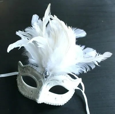 Ladies Silver & White Feather Venetian Masquerade Ball Carnival Party Eye Mask • £14.95