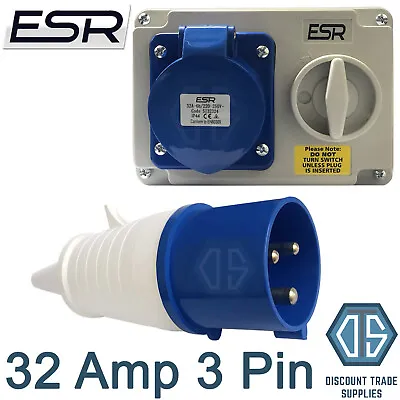 32 Amp 3 Pin Interlock Socket Switch With Industrial Trailing Plug IP44 • £39.99