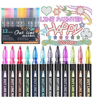 12 Colors Drawing Double Line Outline Pen Highlighter Marker Pens For School UK • £4.99