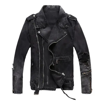 New Mens Punk Ripped Denim Jean Jacket Distressed Biker Motorcycle Coat Rock • $68.82