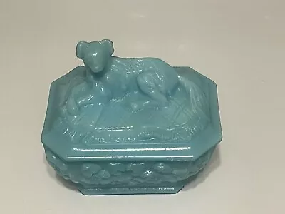 NO RESERVE Vintage PORTIEUX VALLERYSTAHL Blue Milk Glass Dog Jewelry Candy Box • $46