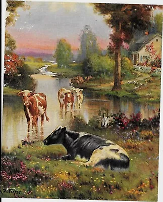 R. Atkinson Fox Signed DeForest Cows Flowers Cottage Water Print 1920s • $49.99