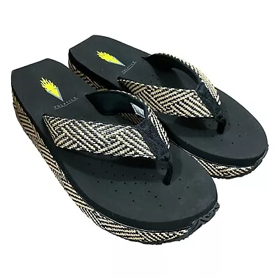 Volatile Flip Flops Womens Size 6 Black Tan Stripe Zipline Thong Wedge Sandals • $33.88